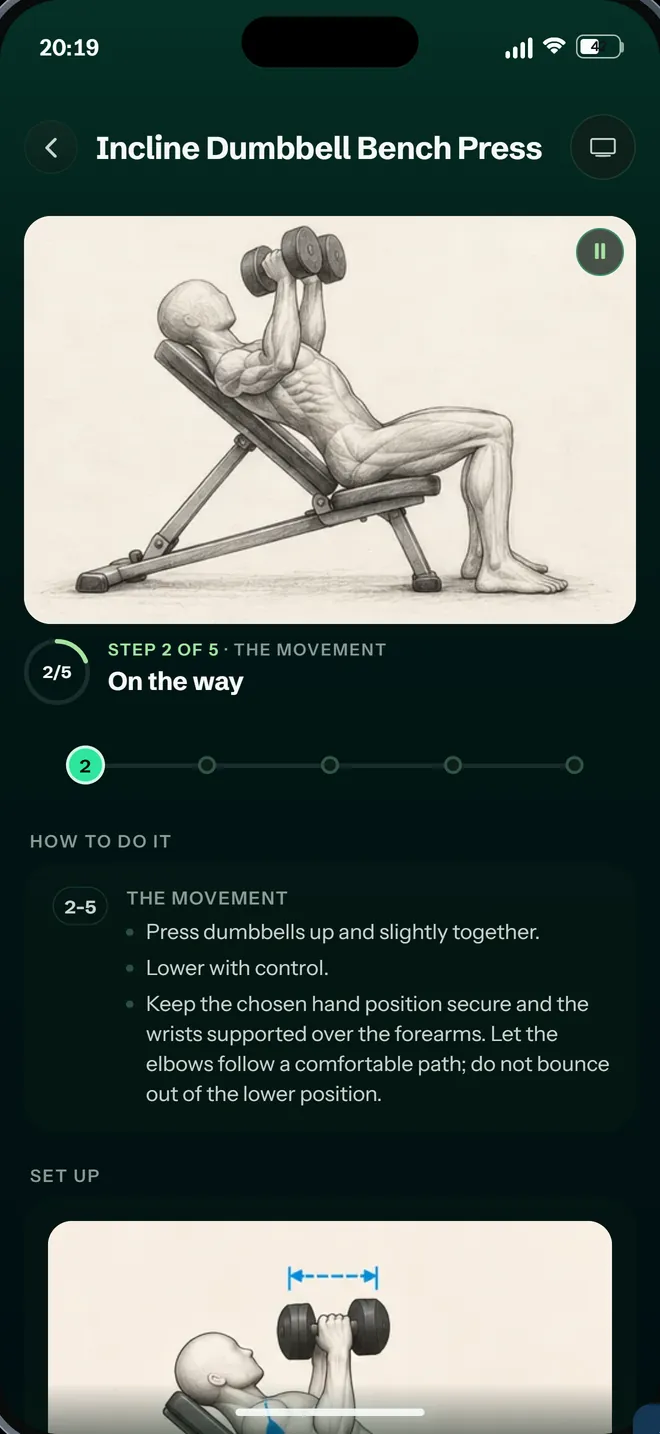 Spriwa exercise guide for the incline dumbbell bench press with step-by-step movement drawings.