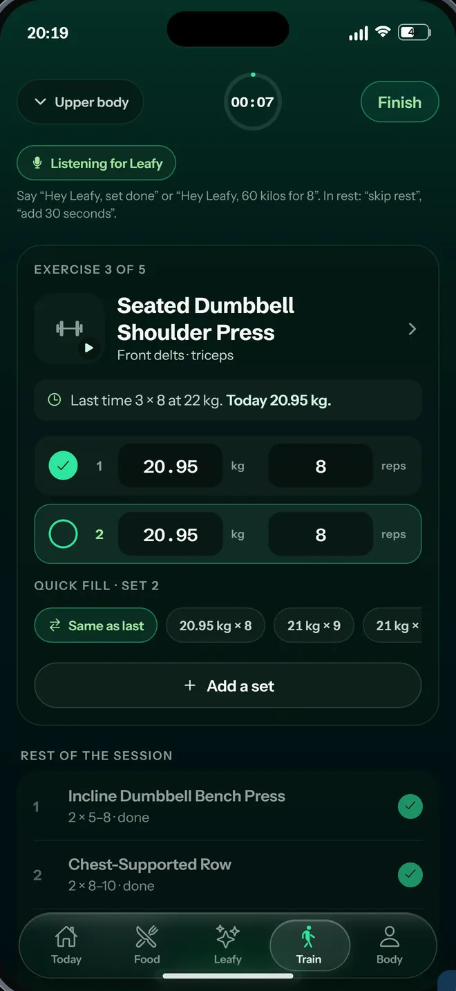 A Spriwa workout in progress, logging sets by voice.