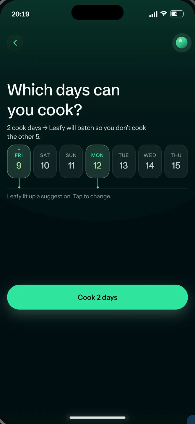 Spriwa weekly planner asking “Which days can you cook?”, with Friday and Monday selected.