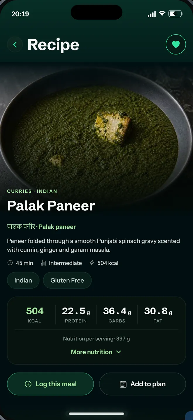 Spriwa recipe page for Palak Paneer with nutrition per serving and buttons to log it or add it to the plan.
