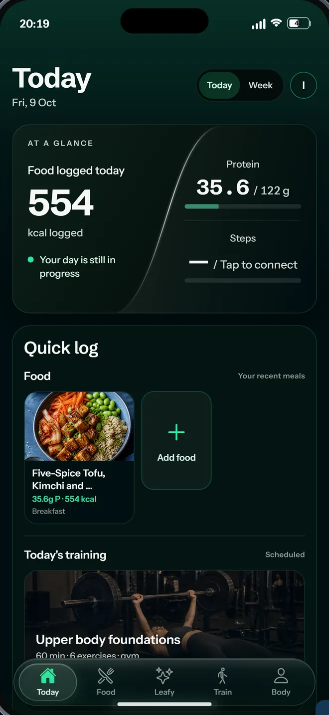 Spriwa’s Today screen with food, protein, steps and today’s workout.