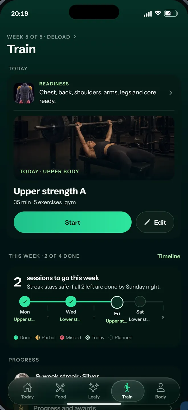 Spriwa Train screen: an estimate of which muscle groups are ready and today’s Upper strength A session.